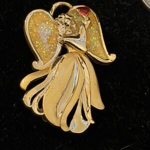 Vintage Gold Angel Wing Pendant Brooch with Opal-Like Inlay AAI